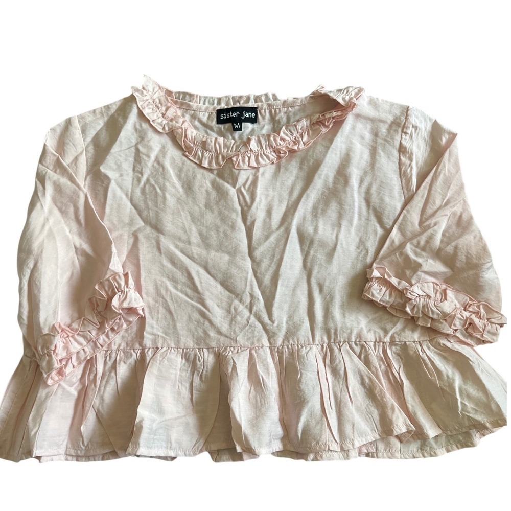Sister Jane Pink Ruffle Trim Peplum Top Short Sleeve Modal Blend Size M